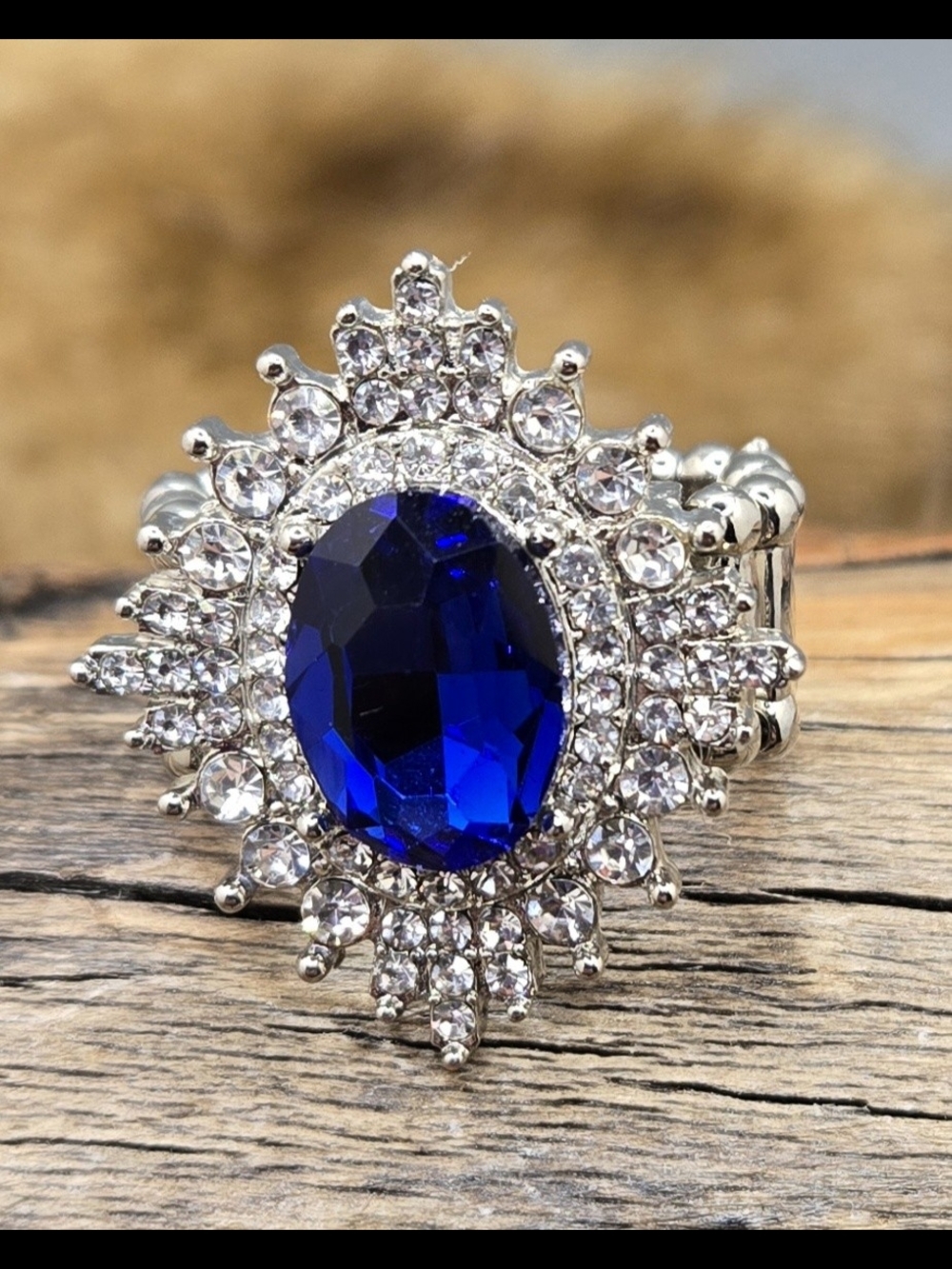 Deep Blue Crystal Halo Statement Ring Adjustable Sizes 7 & Up